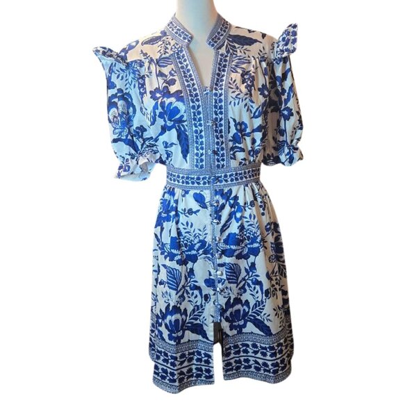 LAI MENG FIVE CATS Women Button Up Short Puff Sleeve Mini Dress Sz: XL Blue/Wht - Picture 6 of 15